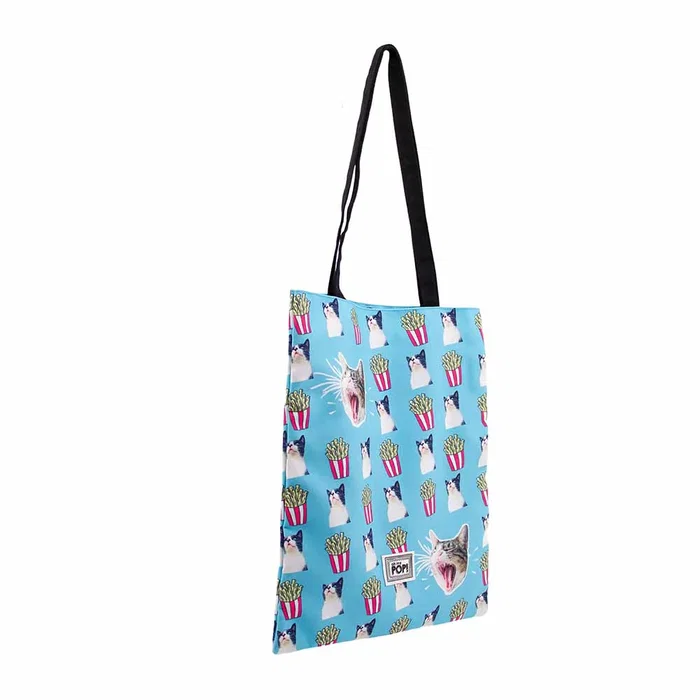 Oh My Pop Bolsa Tote Shopping Bag Angry Cat Turquesa para la Compra con Asas y Bolsillo Interior