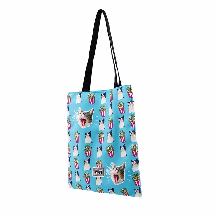 Oh My Pop Bolsa Tote Shopping Bag Angry Cat Turquesa para la Compra con Asas y Bolsillo Interior