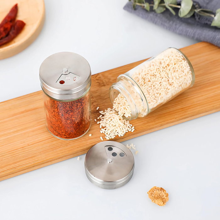 Inde Especiero de Cocina con Tapa de Vidrio y Base Inoxidable, 5 Piezas, 5 x 8 cm (24 Unidades)