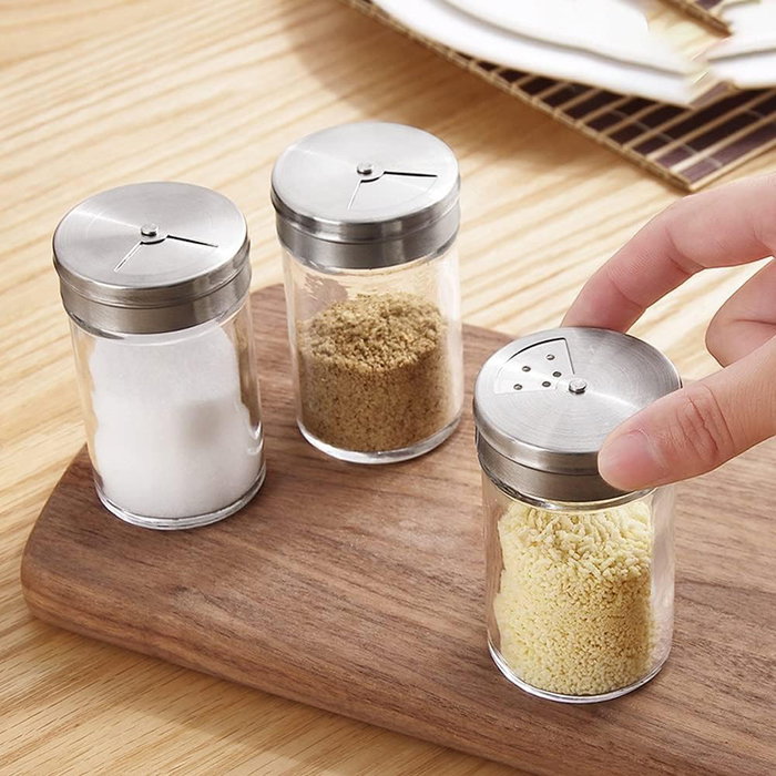 Inde Especiero de Cocina con Tapa de Vidrio y Base Inoxidable, 5 Piezas, 5 x 8 cm (24 Unidades)