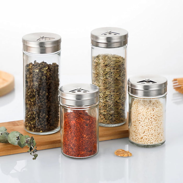Inde Especiero de Cocina con Tapa de Vidrio y Base Inoxidable, 5 Piezas, 5 x 8 cm (24 Unidades)
