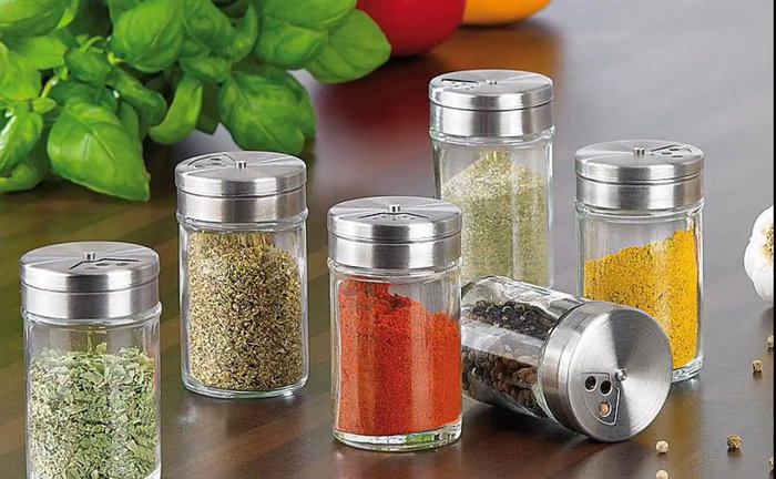 Inde Especiero de Cocina con Tapa de Vidrio y Base Inoxidable, 5 Piezas, 5 x 8 cm (24 Unidades)