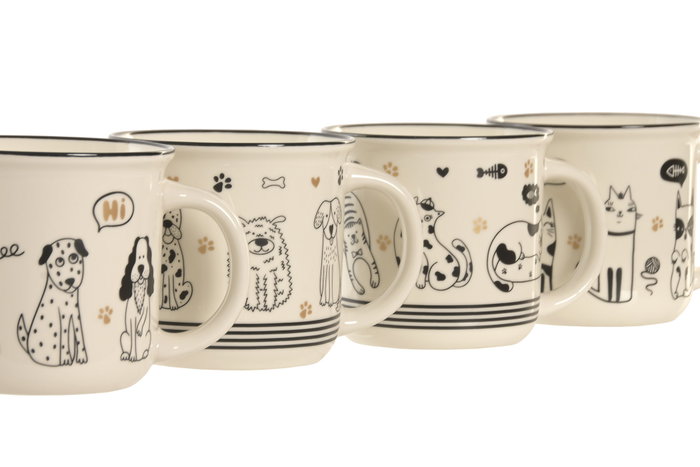 DKD Home Decor Mug Scandi Blanco Negro 340ml Porcelana Gatos 9.5x9x12.5cm (12 Unidades)
