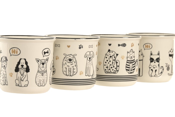 DKD Home Decor Mug Scandi Blanco Negro 340ml Porcelana Gatos 9.5x9x12.5cm (12 Unidades)