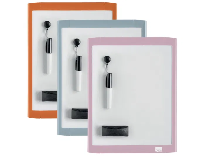 Nobo Pizarra Blanca Magnética 216x280 mm con Marco de Colores Pastel Surtidos, Incluye Borrador e Imán