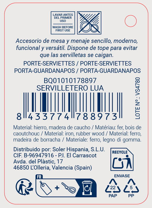 Inde Servilletero Lua Quttin - 19 x 19 x 7 cm, 410 gr (12 Unidades)
