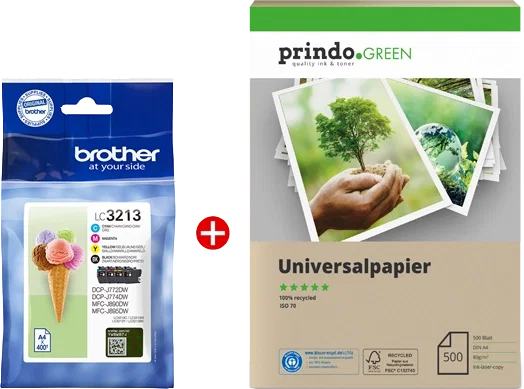 Brother LC3213 MCVP Value Pack Negro, Cian, Magenta, Amarillo con Papel Prindo Green Brother LC3213 MCVP Value Pack Negro, Cian, Magenta, Amarillo con Papel Prindo Green