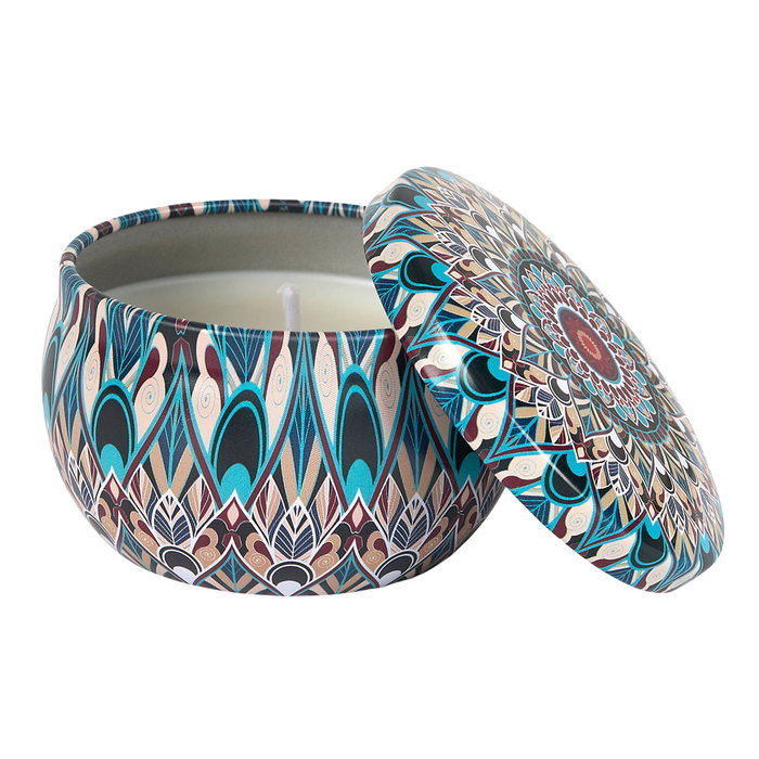 Home Deco Factory Velón Mandala Metal Colección Mirage 50g - Almendra, Higo, Pachuli, Rosa Oud - Parafina, Ø6 cm x 4 cm