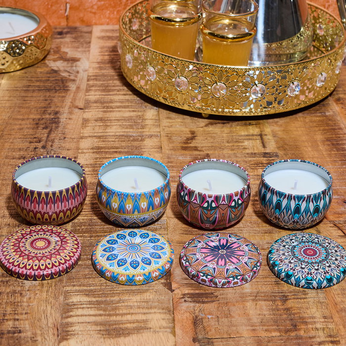 Home Deco Factory Velón Mandala Metal Colección Mirage 50g - Almendra, Higo, Pachuli, Rosa Oud - Parafina, Ø6 cm x 4 cm