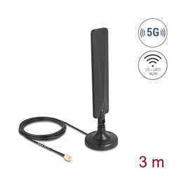DeLOCK 10040 Antena 5G/LTE Omnidireccional 3 dBi SMA Macho con Cable RG-174 3 metros, Base Magnética y Giro - Negro