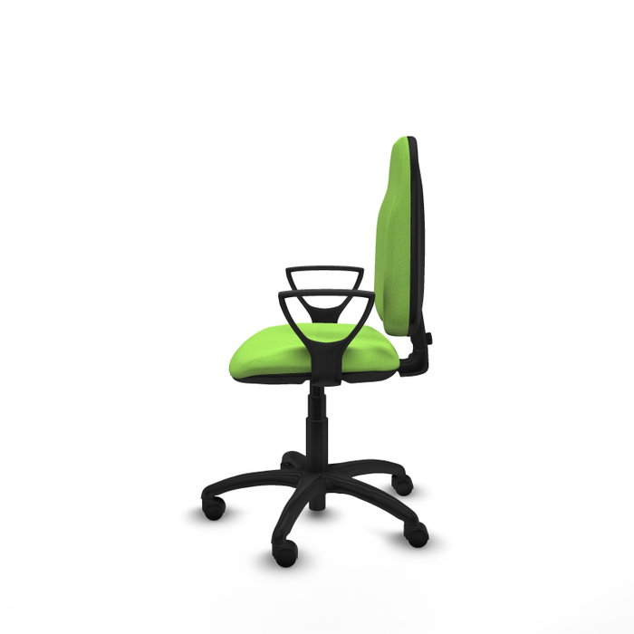 Silla de oficina Algarra con mecanismo Contacto permanente básico tapizada con Tela color Pistacho. Equipada con Base poliamida negra, Brazos fijos y Ruedas de nailon 50 mm