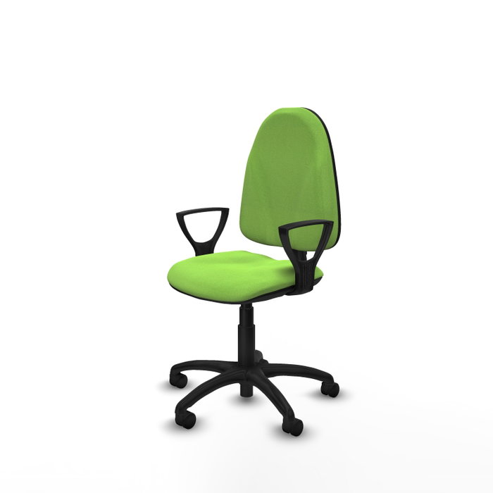 Silla de oficina Algarra con mecanismo Contacto permanente básico tapizada con Tela color Pistacho. Equipada con Base poliamida negra, Brazos fijos y Ruedas de nailon 50 mm