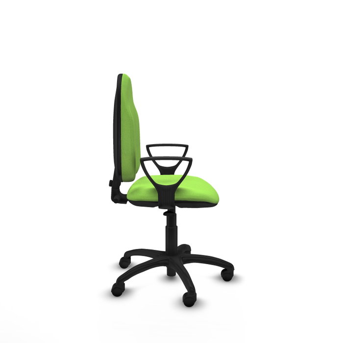 Silla de oficina Algarra con mecanismo Contacto permanente básico tapizada con Tela color Pistacho. Equipada con Base poliamida negra, Brazos fijos y Ruedas de nailon 50 mm