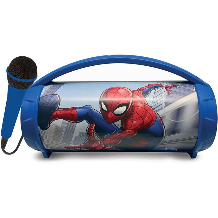 Lexibook Altavoz Bluetooth Spiderman Marvel con Micrófono Karaoke para Niños, Efectos de Luz Multicolor, Batería Recargable hasta 3 Horas