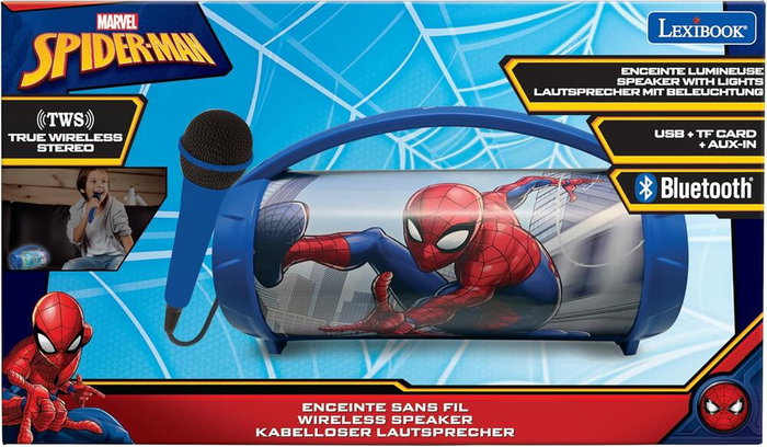 Lexibook Altavoz Bluetooth Spiderman Marvel con Micrófono Karaoke para Niños, Efectos de Luz Multicolor, Batería Recargable hasta 3 Horas
