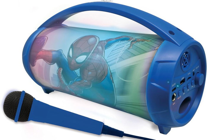 Lexibook Altavoz Bluetooth Spiderman Marvel con Micrófono Karaoke para Niños, Efectos de Luz Multicolor, Batería Recargable hasta 3 Horas