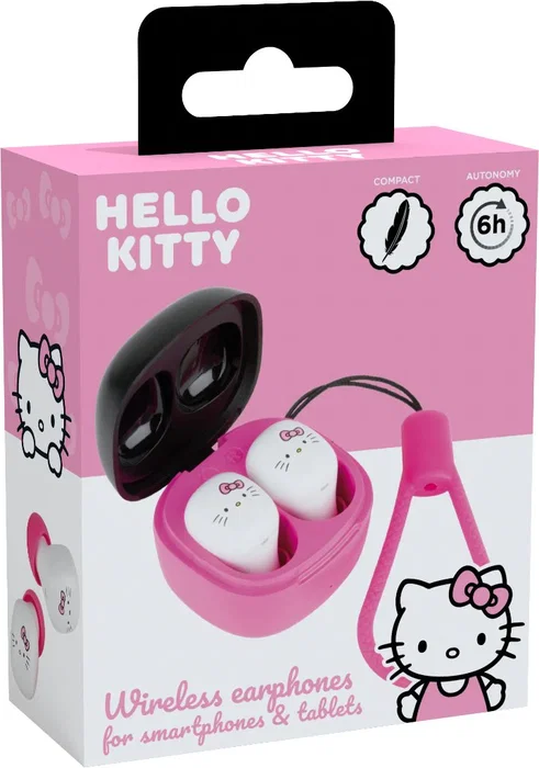 Konix Auriculares Hello Kitty Intraurales Bluetooth 5.4 Inalámbricos Rosa y Blanco con Estuche de Carga, IPX4, para Llamadas y Música