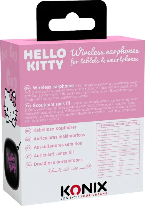 Konix Auriculares Hello Kitty Intraurales Bluetooth 5.4 Inalámbricos Rosa y Blanco con Estuche de Carga, IPX4, para Llamadas y Música