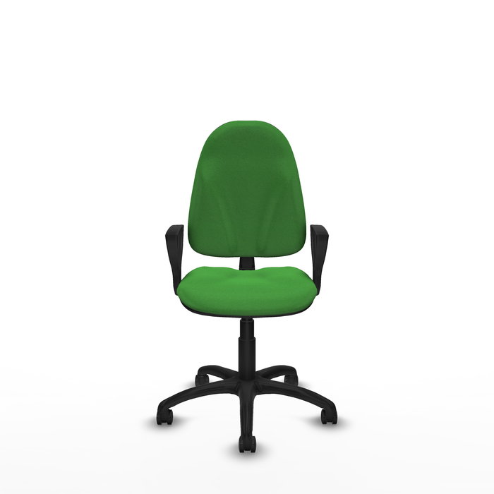 Silla de oficina Algarra con mecanismo Contacto permanente básico tapizada con Tela color Verde. Equipada con Base poliamida negra, Brazos fijos y Ruedas de parqué