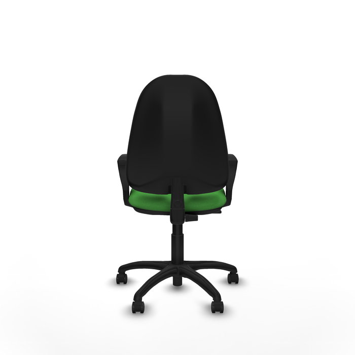 Silla de oficina Algarra con mecanismo Contacto permanente básico tapizada con Tela color Verde. Equipada con Base poliamida negra, Brazos fijos y Ruedas de parqué