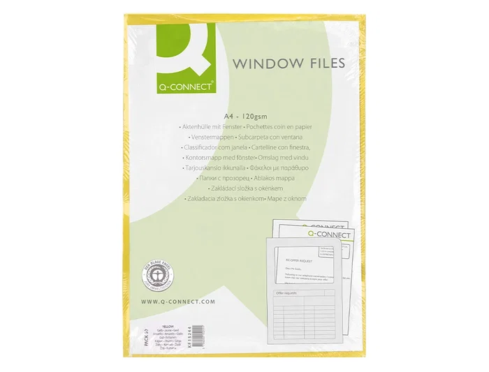 Q-connect Subcarpeta cartulina DIN A4 amarilla con ventana transparente, 120 g/m², certificado Blue Angel