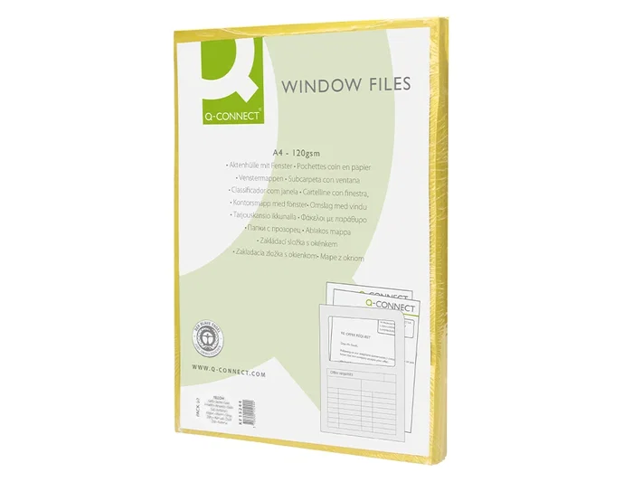 Q-connect Subcarpeta cartulina DIN A4 amarilla con ventana transparente, 120 g/m², certificado Blue Angel