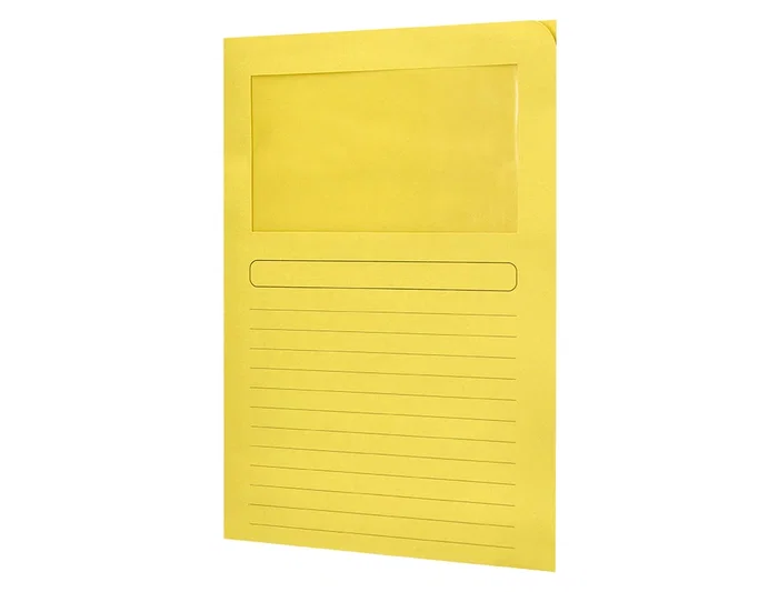 Q-connect Subcarpeta cartulina DIN A4 amarilla con ventana transparente, 120 g/m², certificado Blue Angel