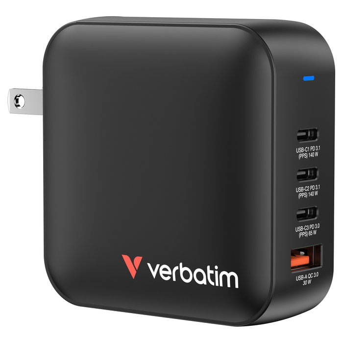 Verbatim Mini GaN Cargador 165W 4 Puertos USB-C y USB-A con Adaptadores EU/UK/US Negro Verbatim Mini GaN Cargador 165W 4 Puertos USB-C y USB-A con Adaptadores EU/UK/US Negro