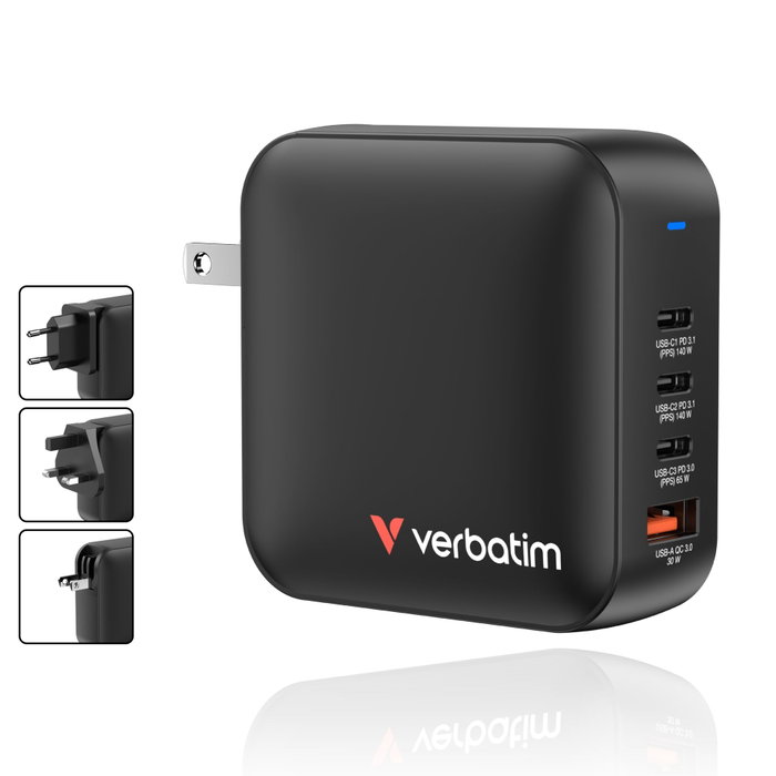 Verbatim Mini GaN Charger 165W 4 Puertos (3x USB-C, 1x USB-A) US/EU/UK Verbatim Mini GaN Charger 165W 4 Puertos (3x USB-C, 1x USB-A) US/EU/UK