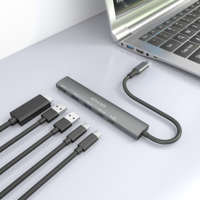 Aisens USB-C Dock 5 en 1 HDMI 4K, 2xUSB-A, 2xUSB-C PD, Gris Aisens USB-C Dock 5 en 1 HDMI 4K, 2xUSB-A, 2xUSB-C PD, Gris