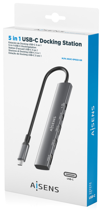 Aisens USB-C Dock 5 en 1 HDMI 4K, 2xUSB-A, 2xUSB-C PD, Gris Aisens USB-C Dock 5 en 1 HDMI 4K, 2xUSB-A, 2xUSB-C PD, Gris