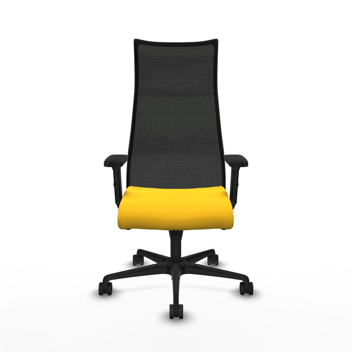 Sillón Albacete con mecanismo Sincro tapizada con Similpiel color Amarillo y malla color Negro. Equipado con Base nailon negra, Brazos 2D y Ruedas 65mm nailon