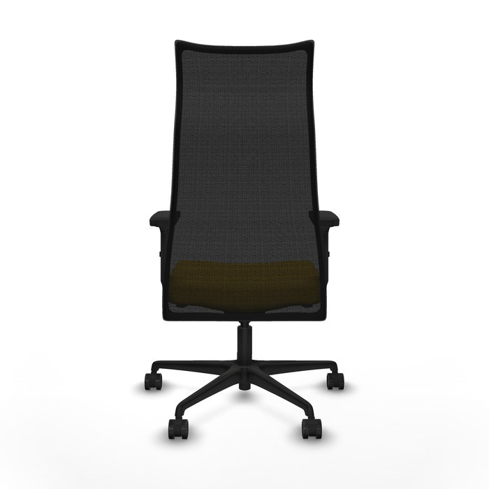 Sillón Albacete con mecanismo Sincro tapizada con Similpiel color Amarillo y malla color Negro. Equipado con Base nailon negra, Brazos 2D y Ruedas 65mm nailon