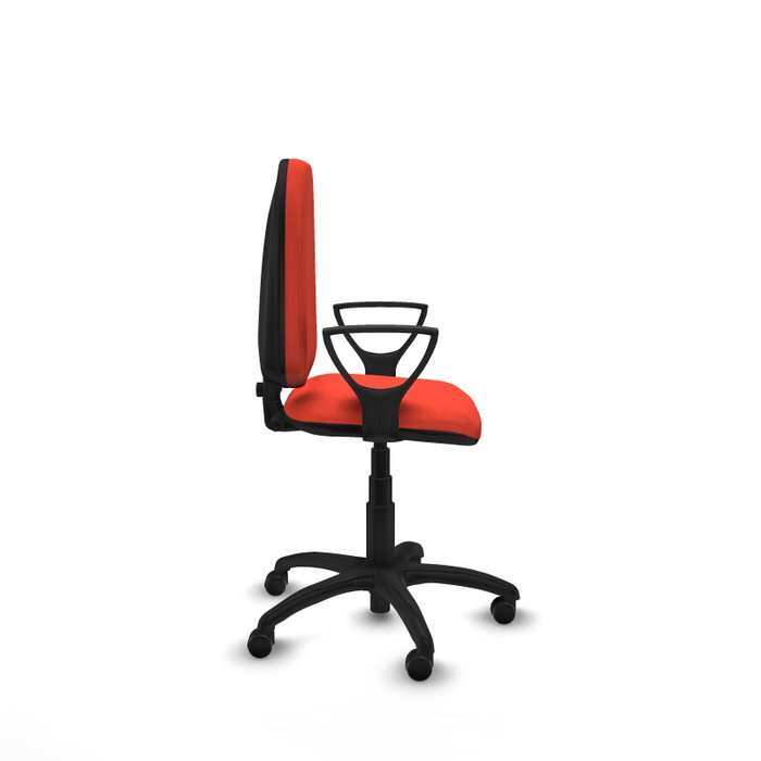 Silla de oficina Aýna con mecanismo Contacto permanente básico tapizada con Tela color Naranja oscuro. Equipada con Base poliamida negra, Brazos fijos y Ruedas autofrenantes