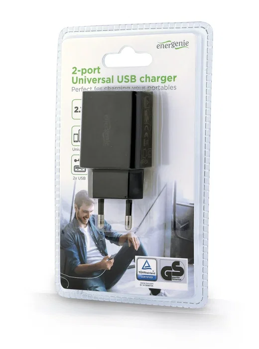 Gembird EG-U2C2A-03-BK Cargador de Pared 2 Puertos USB 5V/2.1A, Negro - Cargador Rápido para Smartphone, Tableta y Dispositivos Móviles