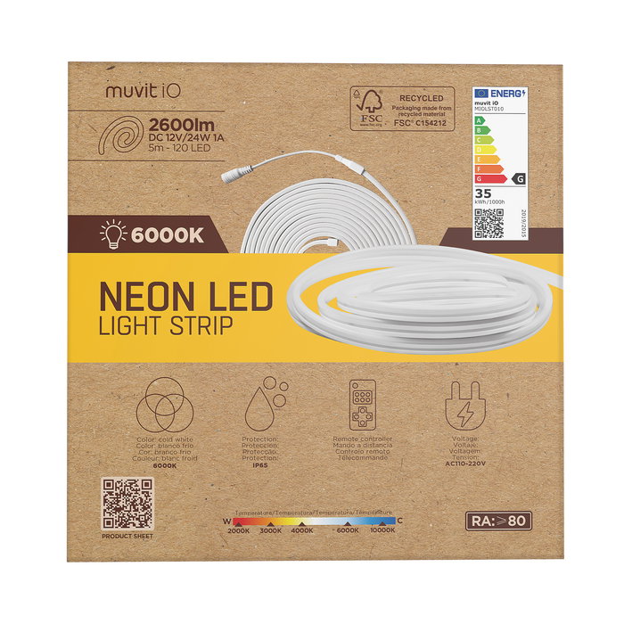 Muvit Tira Led Neon IO IP65 5m Blanco Cálido 3000K, Blanco Medio 4000K, Blanco Frío 6000K Control Remoto