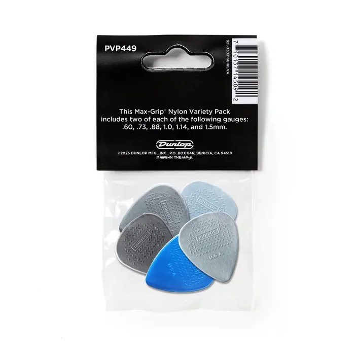 DUNLOP Pack 12 Púas Max-Grip Nylon Standard - Variety de 0.60mm a 1.5mm para Guitarra con Control y Tono Cálido Ideal para Rock