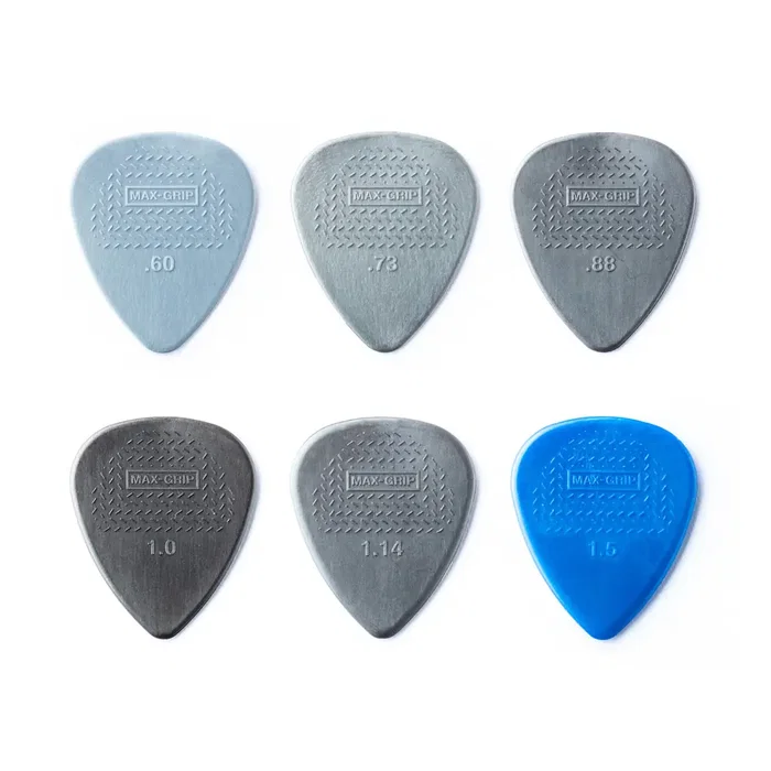 DUNLOP Pack 12 Púas Max-Grip Nylon Standard - Variety de 0.60mm a 1.5mm para Guitarra con Control y Tono Cálido Ideal para Rock
