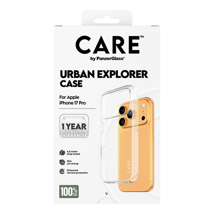 PanzerGlass CARE by Urban Explorer Case Transparente para iPhone 17 Pro, Funda TPU Protectora 100% Reciclada, Resistente a Golpes y Rayones