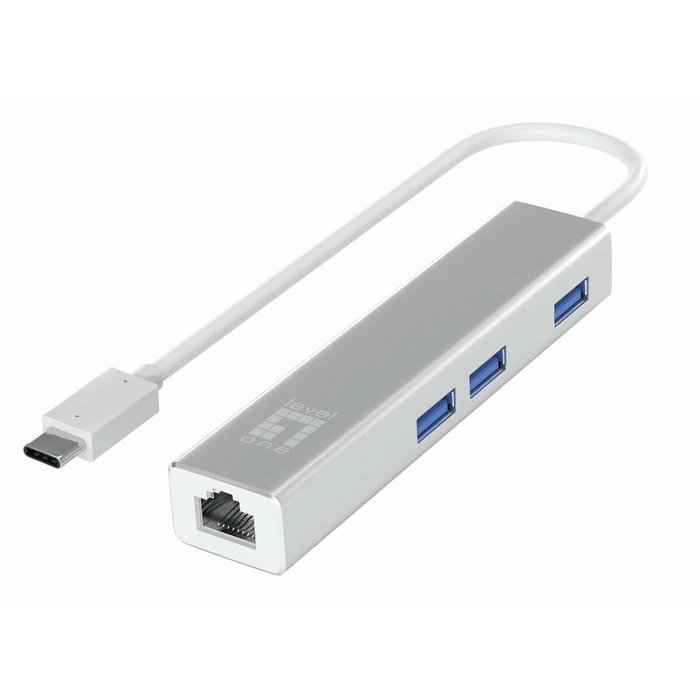 Level One Adaptador de red USB-C a RJ45 Gigabit y Hub USB 3.0 USB-0504 Plata