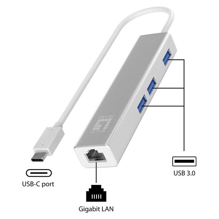 LevelOne USB-0504 Adaptador USB-C a RJ45 Gigabit Ethernet con 3 Puertos USB 3.0 Cable 0.15m Plata LevelOne USB-0504 Adaptador USB-C a RJ45 Gigabit Ethernet con 3 Puertos USB 3.0 Cable 0.15m Plata