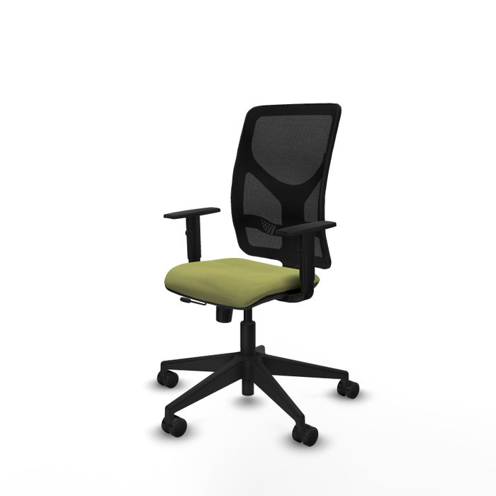 Silla de oficina Motilla con mecanismo Sincro/Traslack tapizada con Tela color Verde oliva y malla color Negro. Equipada con lumbar 1D, Brazos 1D y Ruedas 65mm nailon