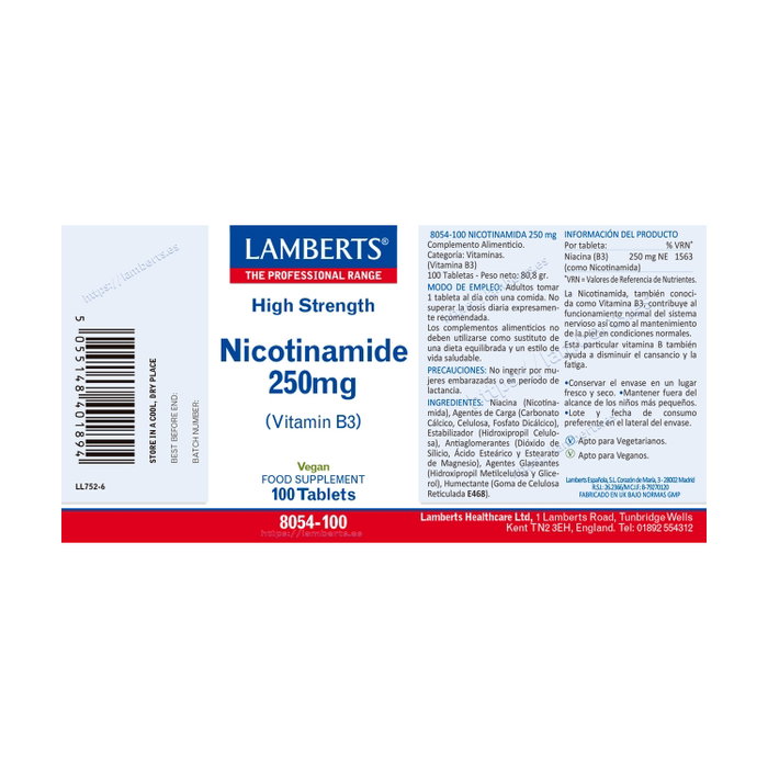 Lamberts Nicotinamida 250mg (vitamina B3) 100 tabletas