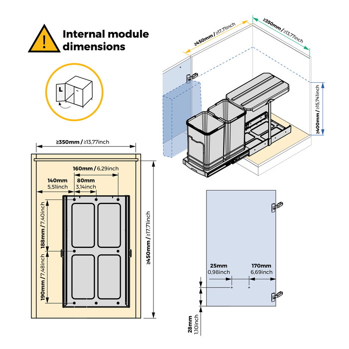 Emuca Contenedor de reciclaje para fijación inferior y extracción manual/automática en mueble de cocina Recycle Inox 2x12litros, Plástico y Acero inoxidable