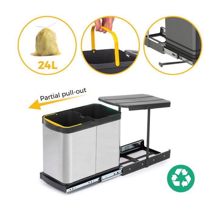 Emuca Contenedor de reciclaje para fijación inferior y extracción manual/automática en mueble de cocina Recycle Inox 2x12litros, Plástico y Acero inoxidable