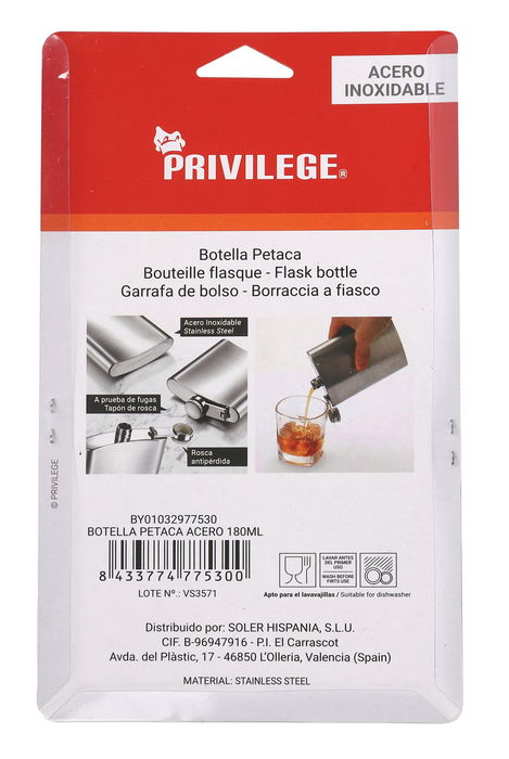 Privilege Botella Petaca Acero Inoxidable 180ml - Dimensiones: 9 cm Largo x 2 cm Ancho x 11 cm Alto (12 Unidades)