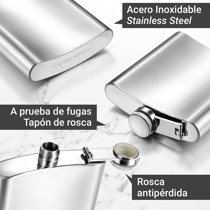 Privilege Botella Petaca Acero Inoxidable 180ml - Dimensiones: 9 cm Largo x 2 cm Ancho x 11 cm Alto (12 Unidades)