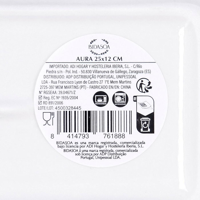 Bandeja Porcelana Aura Bidasoa 25x12 cm (6 Unidades)