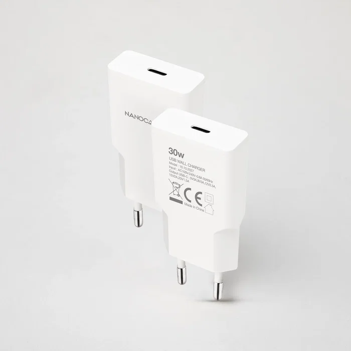 Nanocable Cargador de Pared 30W USB-C/PD, Carga Rápida Power Delivery para Smartphone, Blanco, 1 Puerto, 100-240V, CE