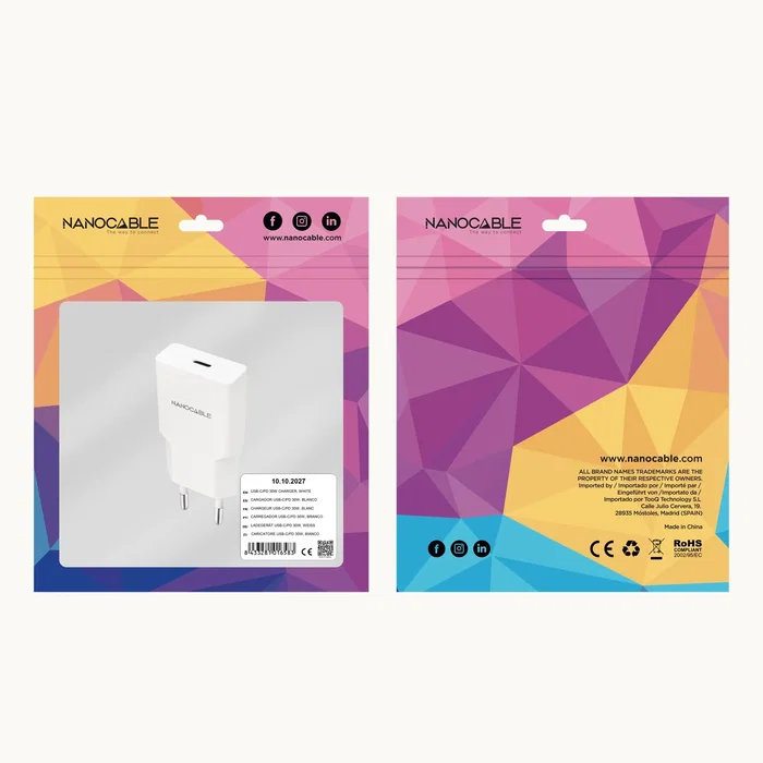 Nanocable Cargador de Pared 30W USB-C/PD, Carga Rápida Power Delivery para Smartphone, Blanco, 1 Puerto, 100-240V, CE